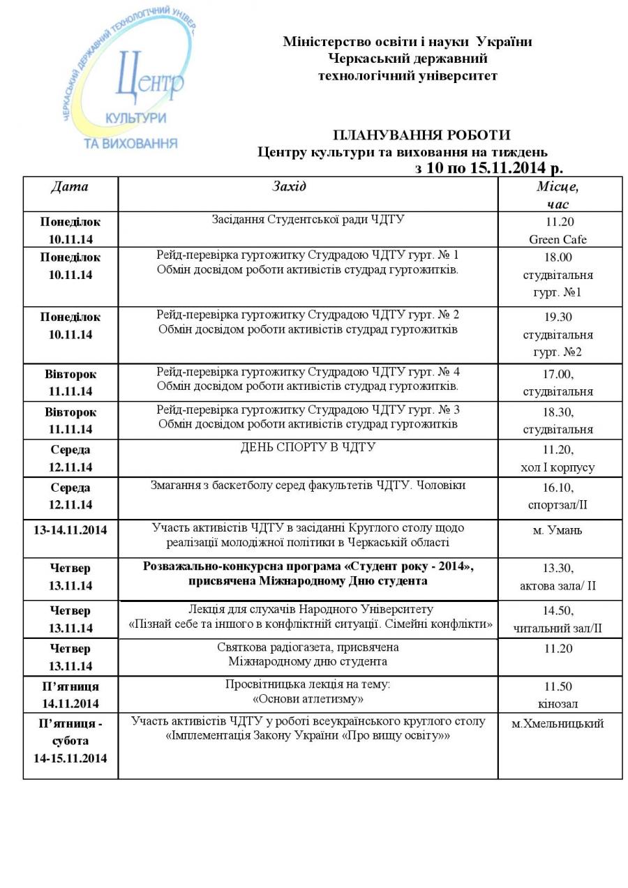 ПЛАНУВАННЯ РОБОТИ Центру культури та виховання на тиждень з 10 по 15.11.2014 р.